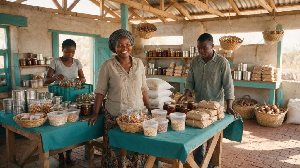 An entrepreneur standing in her small food-production workshop with packaged goods on the table