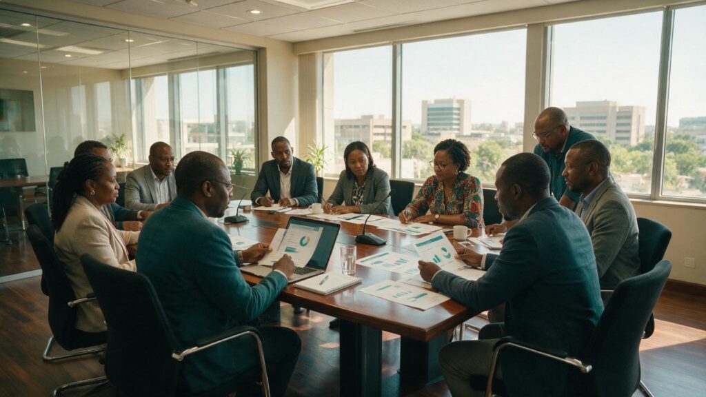 Professionals reviewing programme results around a boardroom table with a city view