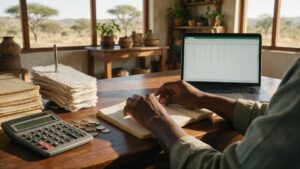 A desk with paper ledgers, a calculator, coins and a laptop showing a spreadsheet