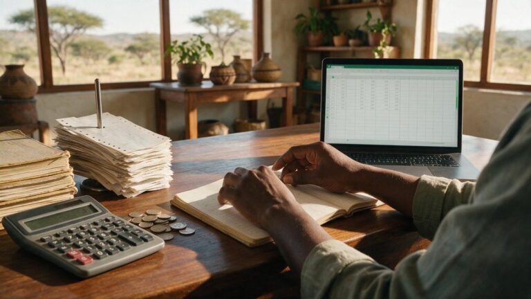 A desk with paper ledgers, a calculator, coins and a laptop showing a spreadsheet