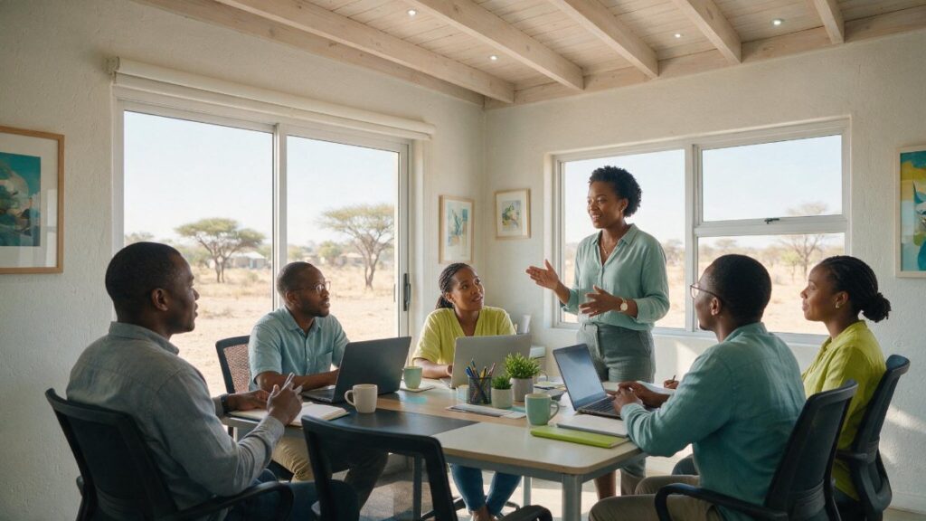 A team leader facilitating a staff meeting around a table in a small company office