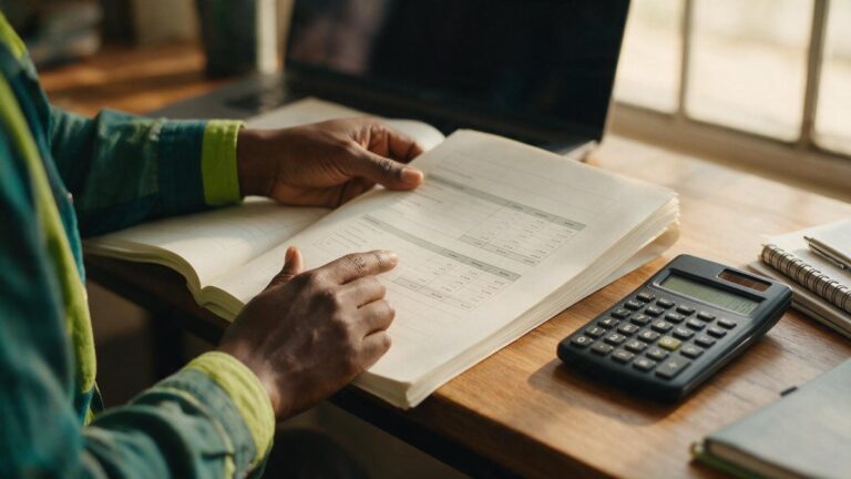 Close-up of hands working on a printed business plan with a calculator and notebook