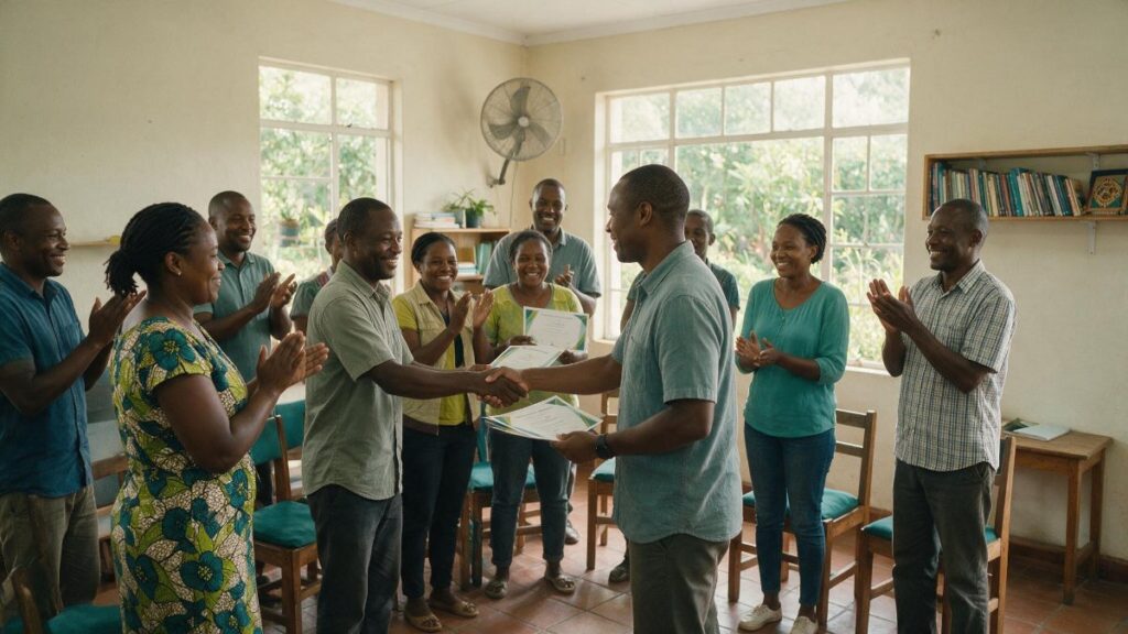 Adult learners receiving completion certificates from a facilitator in a training classroom