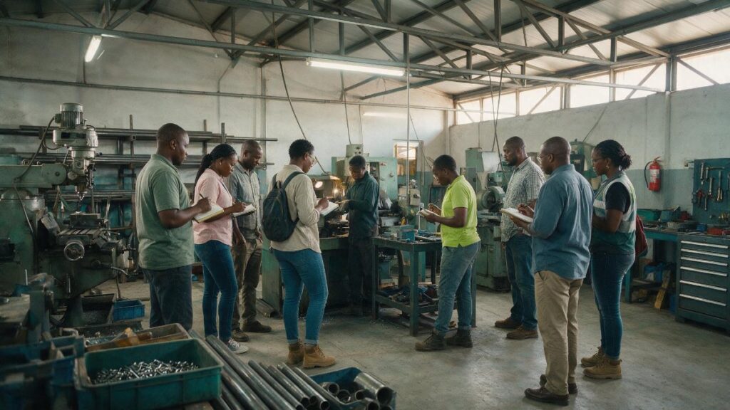 A group of learners on a field visit inside a working manufacturing workshop