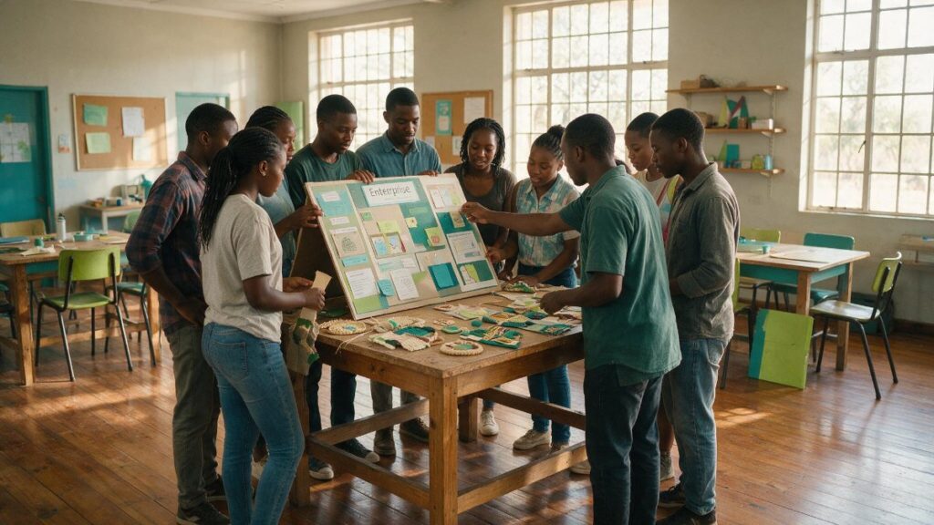 Young adults building enterprise project display boards with a facilitator