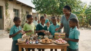 Children running a small craft stall with handmade goods, supervised by a teacher