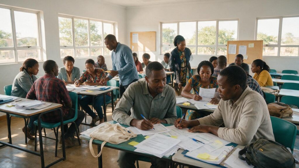 Adult learners working through business-plan worksheets in a training classroom