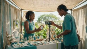 An entrepreneur photographing a handmade product for online sale at a market stall