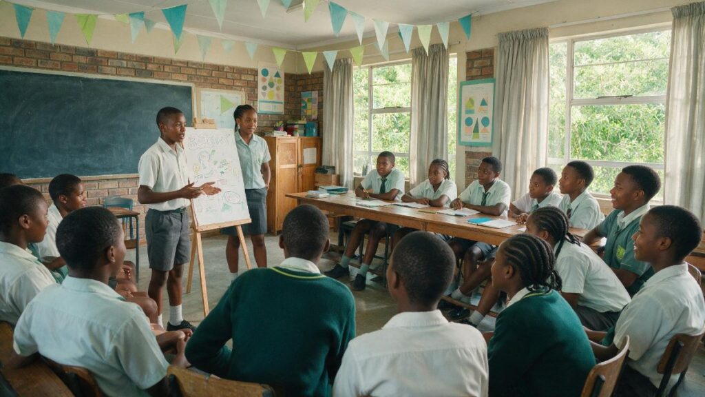 Teenagers pitching a business idea to classmates beside a poster on an easel
