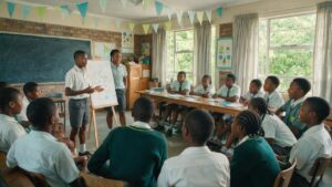 Teenagers pitching a business idea to classmates beside a poster on an easel