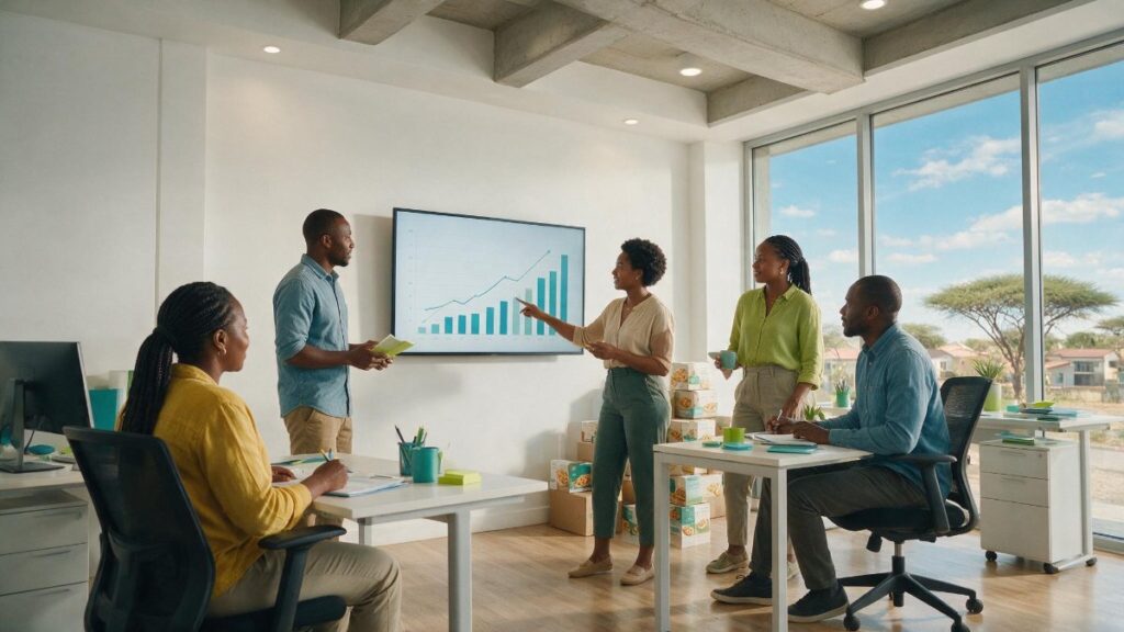 A small business team reviewing a sales growth chart on a screen in a modern office