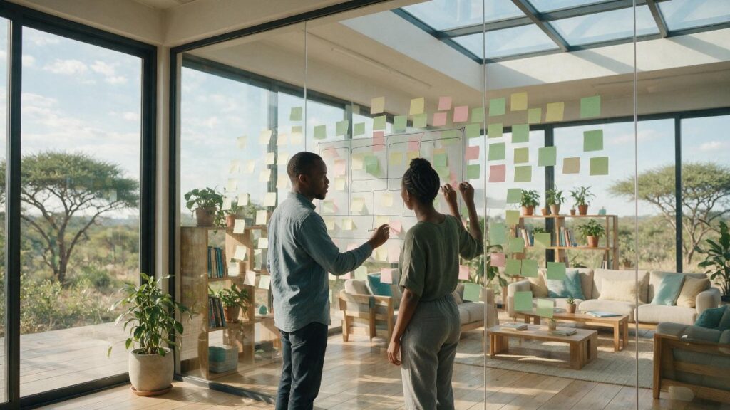 Two founders planning a new venture at a glass wall covered in sticky notes and a business model canvas
