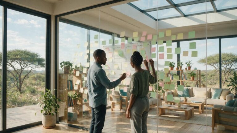 Two founders planning a new venture at a glass wall covered in sticky notes and a business model canvas