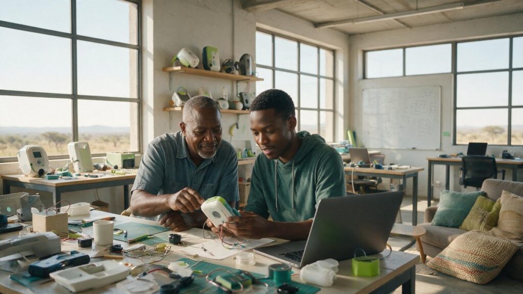 A mentor and a founder working together at a desk with a product prototype and a laptop