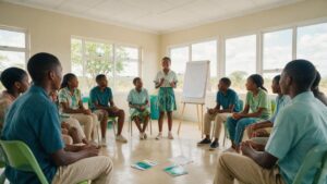 A teenage participant leading a group discussion, presenting to peers in a bright room