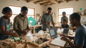 A small team assembling solar-lamp prototypes on a workbench with a laptop showing a design