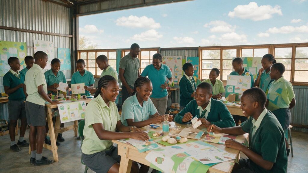 Secondary-school students presenting enterprise project boards in a classroom