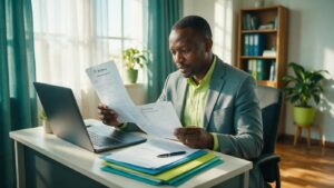 An entrepreneur at a desk reviewing company registration paperwork with a laptop and folders