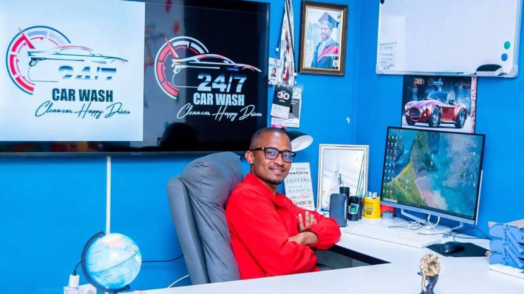 Entrepreneur Lesego Mpopang in the 24/7 Car Wash office